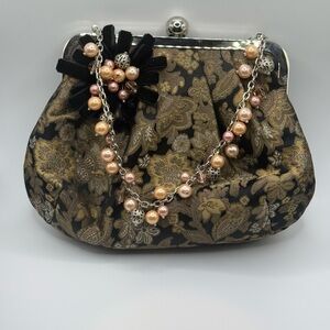 Talbot's Vintage Fancy Beaded Black Gold Floral Evening Clutch Handbag